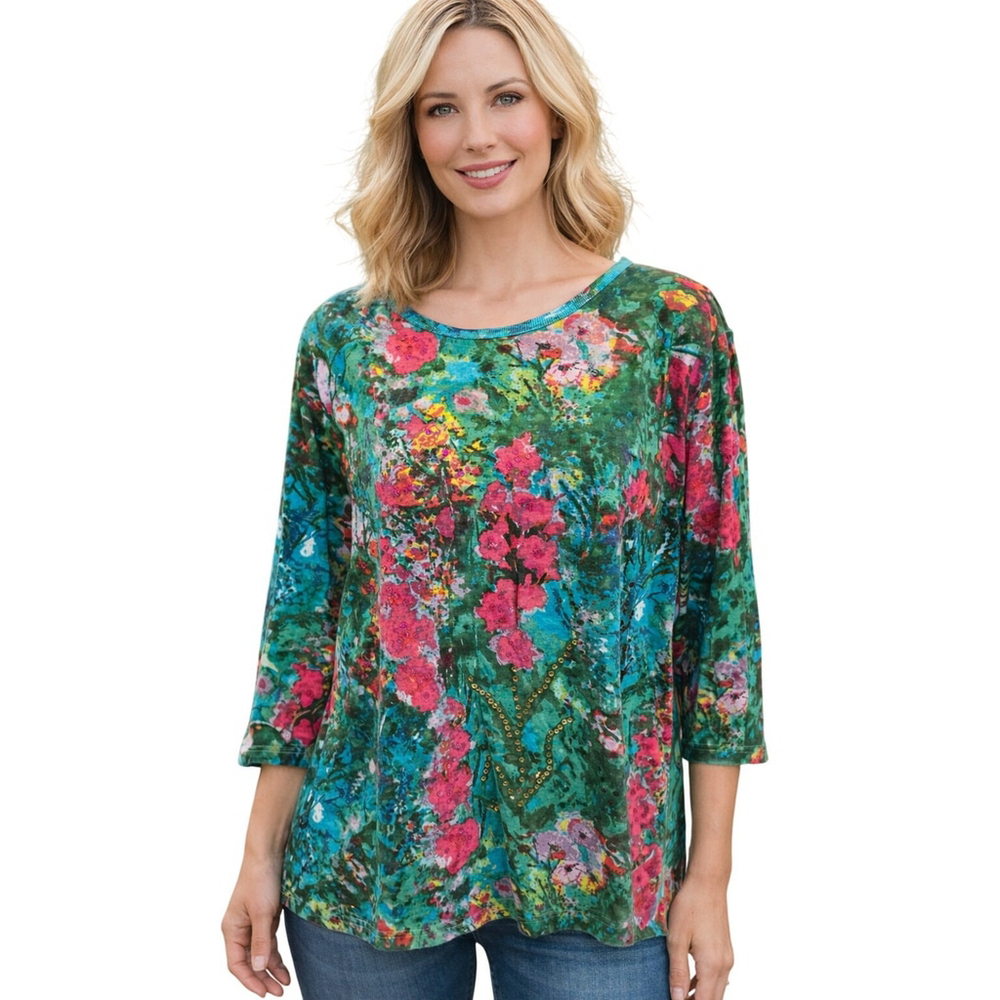 Serengeti Embellished Tie Dye Floral Blouse Knit Top Large